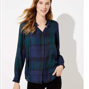 Ann Taylor Loft Plaid Tartan Ruffle Collar Button Down Long Sleeve Top- Sz Small